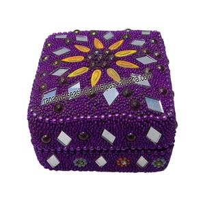 Sequins <b>Mirror</b> and Stone Pattern Square Kumkum Vermillion <b>Box</b> With Lid Made of Iron for Women - Product Image 2