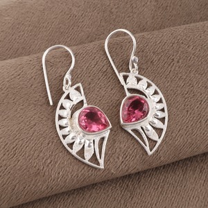 Women's Ethnic 925 Sterling Silver Bohemia Drop <b>Earrings</b> Freshwater <b>Pearl</b> <b>Pink</b> Tourmaline Bezel Setting Flower Pattern Everyday - Product Image 3