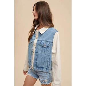 Annie Wear Chaqueta de mezclilla con cuello doble tapeta para mujer Prendas de abrigo elegantes - Product Image 2