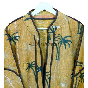 Veste Kantha en coton à imprimé palmiers jaunes, manches chauve-souris, style vacances d'hiver, tissu Kantha respirant, manches longues, longueur standard - Product Image 6