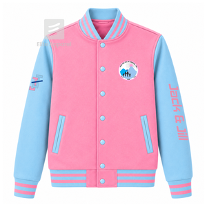 Chaqueta universitaria personalizada de la hermandad Jack & Jill of America, azul cielo y rosa, manga larga, cierre frontal con cremallera, cuello con ribete, logotipo bordado. - Product Image 1