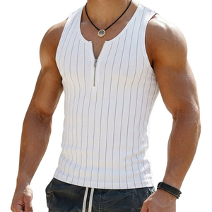 Wholesale Men's Vertical Striped Quarter Zip Tank <b>Top</b> Stylish Casual Muscle Fit Sleeveless Shirt Custom Logo Tank <b>Tops</b> For Men - Product Image 5