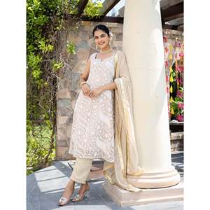 ชุดเซ็ตสูท Vaani XS สีเบจ ผ้าจอร์เจตต์ ปักลายชิกันการี สำหรับผู้หญิง ระบายอากาศได้ดี ผ้าชีฟองเก๋ไก๋ ลายพิมพ์เพสลีย์สไตล์วินเทจ ความยาวระดับข้อเท้า ชุดฤดูร้อนสไตล์ชาติพันธุ์ - Product Image 2