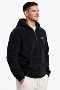 Men's Black Half Zip Hoodie Raglan Sleeve <b>Fleece</b> <b>Sweatshirt</b> Casual Oversized Fit Pullover Silk Screen Printing <b>Lined</b> Heavyweight - Product Image 5