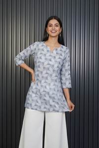 Kurti court à motif feuille pour femme, gris, en mélange de coton imprimé, col rond, manches trois quarts, longueur normale, entièrement cousu - Product Image 6