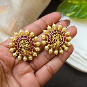 Vintage Peacock Kempu Stud Earrings with Zircon and Pearl - Product Image 1