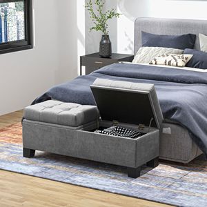 Panca contenitore imbottita da 46 pollici con bottoni trapuntati, panca per fondo letto con struttura in acciaio e cerniere di sicurezza, sgabelli e pouf - Product Image 5