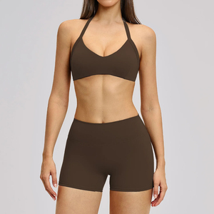 Seamless Solid Eco-Friendly Quick Dry Yoga Set Gym Suits Shorts Crop Top Sport <b>Bra</b> Women's Front <b>Backless</b> 2-Piece Set Running - Product Image 1