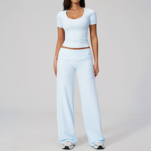Women's White 2 Piece Yoga Set High Waist Seamless <b>Leggings</b> With Ruched Butt <b>Scrunch</b> And Cut Out Back Top Short Sleeve - Product Image 4