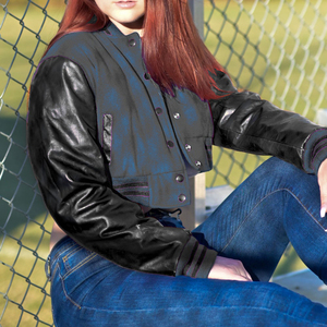 Veste courte universitaire pour femme, bleu marine, style Letterman, manteau bomber, manches en similicuir, vêtement d'extérieur décontracté, mode féminine - Product Image 1