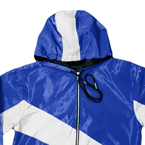 Ensemble de survêtement imprimé grande taille à blocs de couleur bleu et blanc, avec sweat à capuche zippé à manches longues et short sportif, en polyester mi-lourd, pour l'automne - Product Image 2