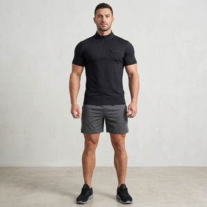 Chemise de sport à manches courtes pour homme, col montant, compression, séchage rapide, coupe ajustée, tricot en polyester, couleur unie - Product Image 3