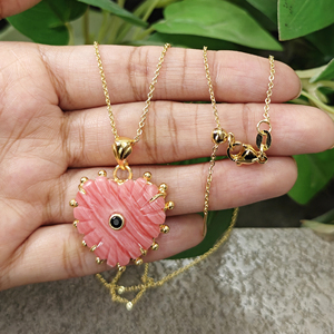 Best Selling 18K Gold Plated Brass Heart Shape Claw Setting Synthetic Rhodochrosite & Black CZ <b>Cable</b> Chain Necklace - Product Image 5