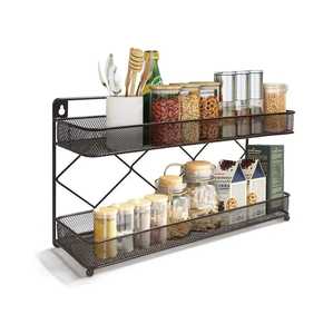 Estante de Especias de Malla Metálica de 2 Niveles, Organizador de Cocina Montado en la Pared, Estante de Almacenamiento Vertical, Soporte para Frascos de Condimentos, Acero al Carbono - Product Image 1