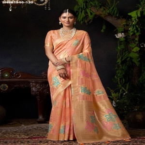 Collection de saris en organza Khadi avec broderies Zari, Butta et Pallu, pour les occasions festives - Fournisseur et exportateur mondial de mode féminine - Product Image 1