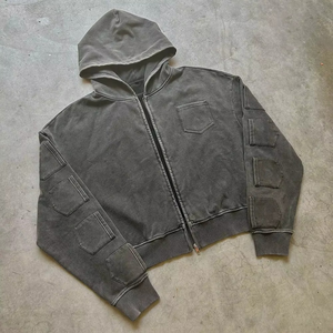 Sudadera con capucha de algodón 100% de alto gramaje estilo urbano con cremallera, logotipo personalizable, múltiples bolsillos y estilo desgastado para la temporada de otoño al por mayor - Product Image 2