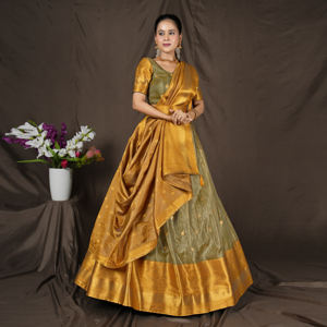 Lehenga Choli de Seda Banarasi con Motivos Tejidos, Borde Tradicional de Lujo, Blusa a Juego y Elegante Dupatta Festivo - Product Image 4