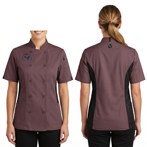 Uniforme de chef pour femme en polycoton premium 210 GSM, rose, avec passepoil contrastant, panneaux sur mesure, broderie personnalisée, logo imprimé - Product Image 4