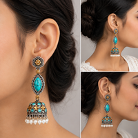 Boucles d'oreilles pendantes bohèmes ARTS JEWELS pour femme, en argent oxydé bicolore, motif fleur antique, serties de pierres turquoise, pour fiançailles
