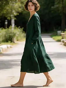 Women dark green midi <b>dress</b> V neck <b>long</b> sleeve <b>boho</b> style flowy loose fit tiered casual summer autumn <b>dress</b> - Product Image 2