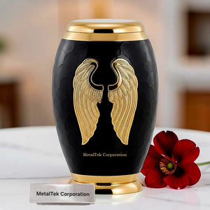 Elegante Urna Funeraria de Latón Hecha a Mano con Acabado Negro Brillante y Alas de Ángel Doradas, Duradera y de Alta Calidad, Recipiente Decorativo para Funerales y Memoriales - Product Image 1