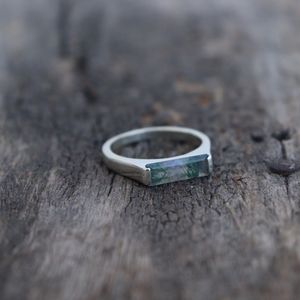 Natural Moss Agate Bar <b>Ring</b> Rectangle 925 Sterling Silver 14k Gold Luxury Engagement <b>Dainty</b> Wedding Anniversary Gift for Women - Product Image 5