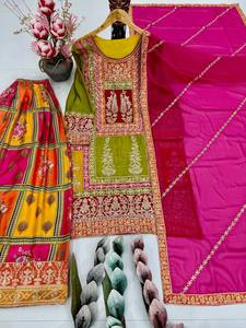 Conjunto de Kurti Sharara Gharara con Bordado Indio de Última Moda, Tela de Seda, Hermoso Diseño Pakistaní, Ropa Étnica Personalizable - Product Image 3