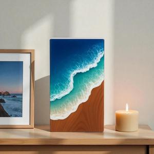 Urne funéraire artisanale de luxe en résine et bois de noyer, motif vague océanique, pour cendres humaines, taille moyenne 9x5,5 pouces, boîte urne. - Product Image 1