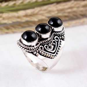 Natural Black Onyx Three Stone Bezel <b>Set</b> 925 Sterling <b>Silver</b> Ornate V-Shape Filigree Design Handmade Bohemian Unisex <b>Ring</b> - Product Image 4