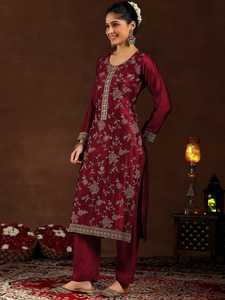 Maroon Designer Party <b>Wedding</b> Wear Vichitra Silk Fancy Heavy Embroidery Sequence Work <b>Top</b> and Santoon Silk Bottom With Dupatta - Product Image 2
