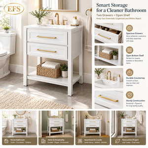 White Freestanding Bathroom Vanity With Two Drawers Modern Design Rectangular <b>Cabinet</b> Painted MDF Vintage Style Vanity - Product Image 4