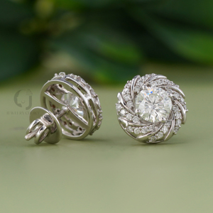 14K White Gold Lab Grown Diamond Cluster <b>Earrings</b> Round Cut Swirl Halo Stud Vintage Floral Statement Screw <b>Back</b> White Gold Color - Product Image 1
