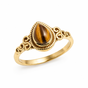 Natural Tiger Eye Pear Ring in Gold Finish Vintage Scroll Ring Brown Gemstone Handmade Jewelry for Women <b>Gift</b> - Product Image 1