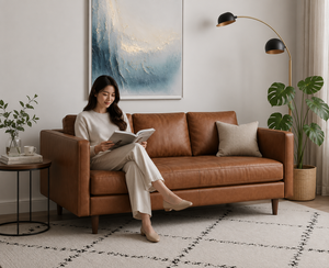 Midcentury Modern Genuine Leather Three Seat <b>Sofa</b> With Cushion Back Straight Arms Living Room Furniture Leather <b>Sofa</b> Coach - Product Image 4