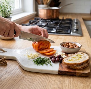 Tabla de cortar de mármol de alta gama con acabado de piedra natural hecha a mano y superficie duradera resistente a los arañazos para chefs caseros. - Product Image 3