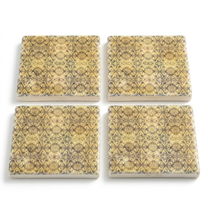 Ensemble de sous-verres en marbre faits à la main, sur mesure, avec impression damassée vintage or et bleu, sous-verres carrés en pierre naturelle - Product Image 1