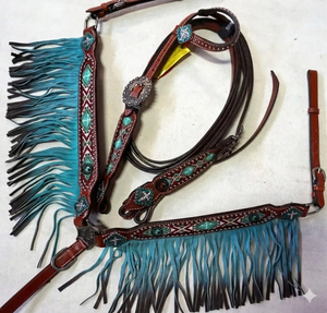 Western Leather Comfortable Durable Headstall Breast Collar & Reins <b>Set</b> <b>Beaded</b> Inlay Brown Fringe Crystal Conchos Horse - Product Image 3