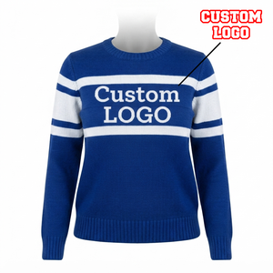 <b>Custom</b> Logo Blue White Striped Knit Crew Neck Sweater <b>Custom</b> Embroidery Pullover Wholesale - Product Image 1