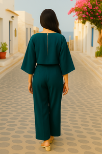 Ensemble deux pièces en polyester bleu sarcelle de haute qualité, haut court et pantalon large, tenue décontractée semi-formelle, tailles M L XL XXL, vente en gros - Product Image 6