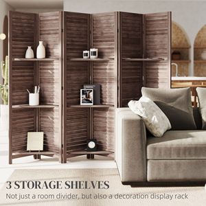67\" Tall Wood Privacy <b>Screen</b> Divider 3 Shelves 6 Panel Traditional Freestanding Divider for Dining Walnut <b>Folding</b> Storage for - Product Image 4