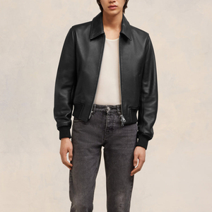 Blouson aviateur en cuir noir pour homme, col rabattu, fermeture éclair, style motard, couleur unie, manches classiques, pour l'automne - Product Image 3