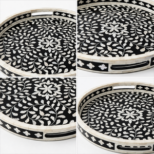 Plateau de service rond en os fait main avec incrustation de nacre et motif feuille, noir et blanc, vente en gros, personnalisable OEM ODM DECORYUG - Product Image 3