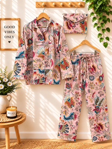 Ensemble de pyjama décontracté pour femme en coton tricoté 100 % respirant à motif floral, bordure festonnée, doux et confortable pour l'automne, avec logo frontal, coupe classique - Product Image 2