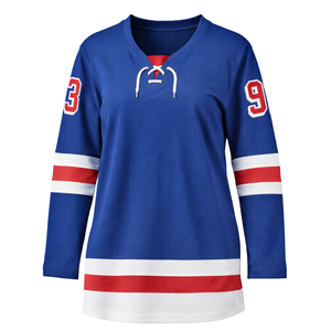 Maillot de hockey sur glace pour femmes, bleu et rouge, respirant, à manches longues, uniforme de hockey de performance, style équipe - Product Image 2
