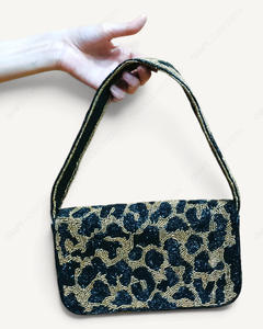 Indian Fully Handcrafted Beaded Leopard Print Shoulder <b>Bag</b> <b>Navy</b> Gold Animal Pattern Handbag Women Wholesale OEM Private Label - Product Image 5