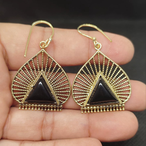 Gold Plated Brass Earrings with Black Onyx | Trendy Women's Wedding Statement | Jaipur Manufacturer - Product Image 1