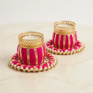 Porte-bougie rond fait main avec fil doré rose et garniture de perles pour la décoration de Noël, de Pâques et de la maison, porte-bougie de luxe - Product Image 3