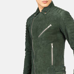 Men's Green <b>Suede</b> Moto <b>Jacket</b> Zipper Closure Turn-down Collar Slim Fit Autumn Style Regular Length - Product Image 5