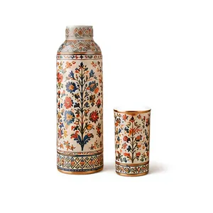 Ensemble de gobelets et bouteilles d'eau de luxe multicolores en cuivre émaillé, motif botanique, faits à la main, avec impression de dessins animés, vaisselle assortie, style Desi - Product Image 1