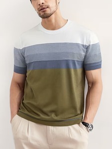 T-shirt en tricot rayé pour homme de qualité supérieure, coupe ajustée, panneau coloré, tee-shirt décontracté de luxe, logo personnalisé OEM - Product Image 6
